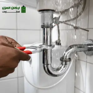 فني سباكة من شركة أركان العزل يقوم بإصلاح تسرب مياه تحت حوض في بريدة باستخدام أدوات متخصصة.